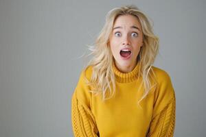 A woman in a yellow sweater is making a surprised face photo