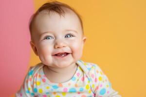 A baby smiles while sitting on a colorful background photo