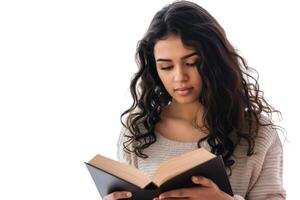 A woman is reading a book while looking at the camera photo