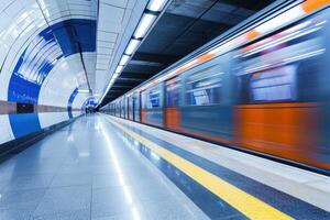 A subway train is moving through a subway station photo
