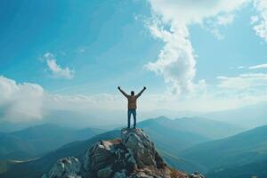 Man standing on top of mountain with arms raised photo