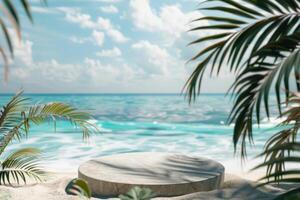 A concrete platform on the beach with palm trees photo