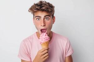 A man is holding an ice cream cone with pink frosting photo
