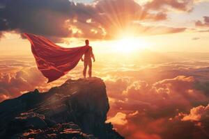 Superhero standing on top of a mountain with a red cape photo