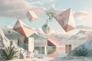 A digital painting of a mountain with cubes floating in the water photo