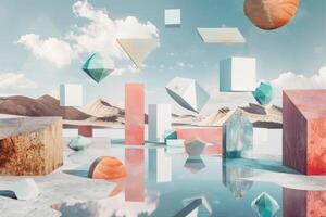 A colorful abstract scene with cubes and other shapes floating in the water photo