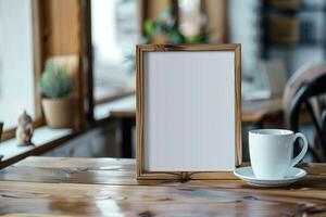 Mock up of a blank frame on a wooden table with a cup of coffee photo