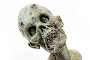 A close up of a zombie head with a green face photo