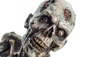 A close up of a zombie head with a white background photo