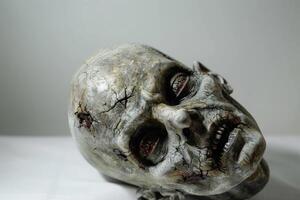 A close up of a zombie head on a white surface photo