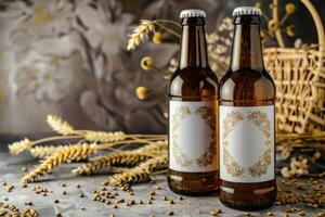 Two beer bottles with wheat and barley on a table photo