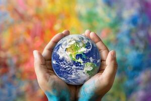 Earth in hands against colorful background elements of this image are furnished by nasa photo