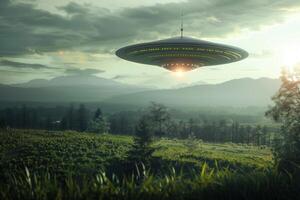 An alien spaceship flying over a field photo