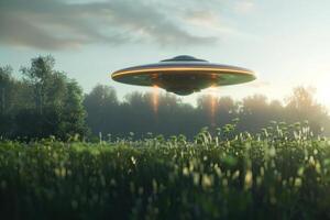 An alien flying saucer is flying over a field photo