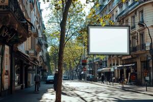 An empty street with a blank billboard in the middle photo