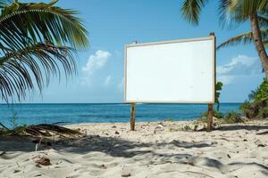 Blank billboard on the beach with palm trees photo