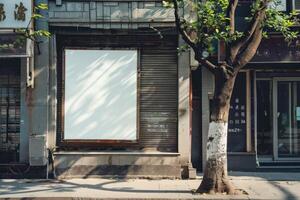 An empty storefront with a white billboard on the side photo