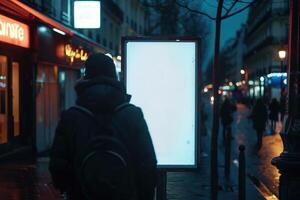 A man walking down a street at night with a blank billboard photo