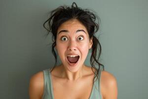 A woman is making a surprised face while looking at the camera photo