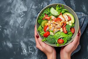 Hands holding a bowl of salad with chicken, broccoli, tomatoes and cucumbers photo