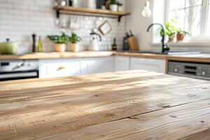 A kitchen with a wooden table and a sink photo