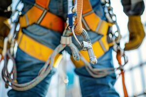 A person wearing a harness and holding a rope photo