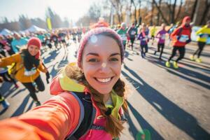 A woman taking a selfie at a marathon photo
