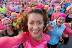 A woman taking a selfie with a group of people photo