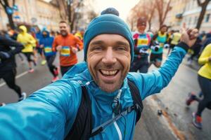 A man is taking a selfie while running in a marathon photo