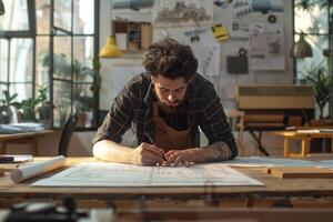 A man is working on a blueprint in an office photo
