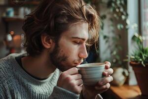 A man drinking coffee in front of a window photo