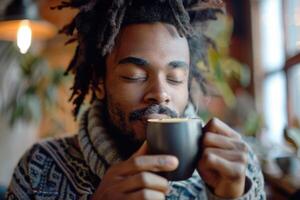 A man with dreadlocks drinking coffee photo