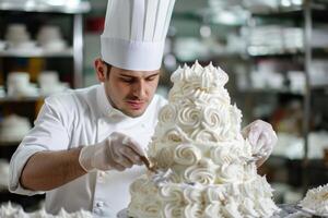 A man in a chef hat is decorating a large cake photo