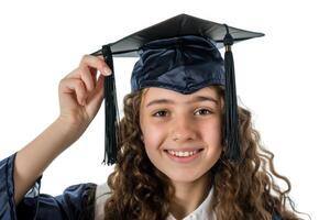 A girl in a graduation gown and cap holding up her cap photo