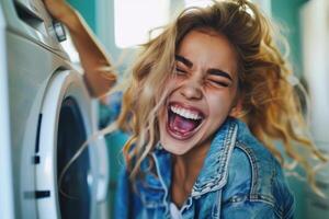 A woman is laughing while she is in front of a washing machine photo