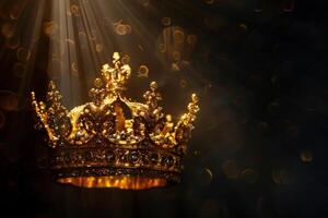 Golden crown on dark background with bokeh effect photo