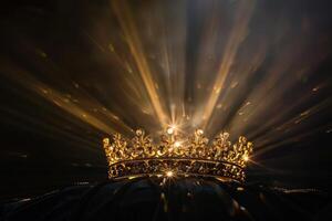 Golden crown on black background with light shining through photo