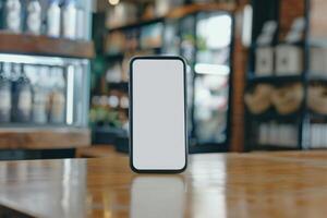 A smartphone sitting on a table in front of a bar photo