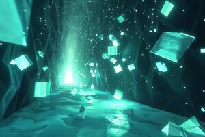 A tunnel with cubes in it and a light coming from it photo