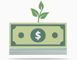 A simple image of a green plant sprouting from a horizontal banknote on a white background representing financial growth and sustainability. vector