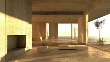 Open-concept modern interior flooded with sunlight, ocean view, minimalist decor, concrete and wood photo