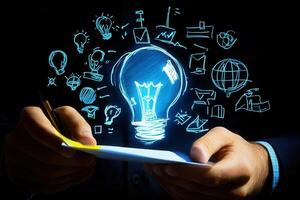 A man is holding a piece of paper with a light bulb and icons photo