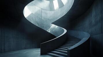 Dramatic concrete spiral staircase ascending into darkness, illuminated by overhead light. Architectural wonder photo
