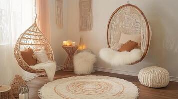 Cozy bohemian room with hanging chairs photo