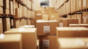 A large warehouse with boxes stacked on top of each other photo