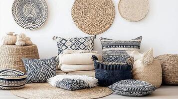 Stylish home decor with patterned cushions, baskets, and round wall hangings photo