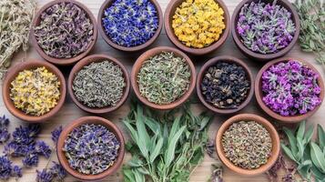 Herbs and spices in bowls photo