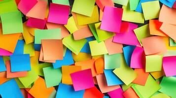 Many colorful sticky notes are arranged on a wall photo