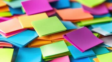 Many colorful sticky notes are scattered on top of each other photo