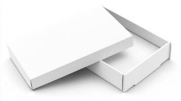 White box with lid open on a white surface photo